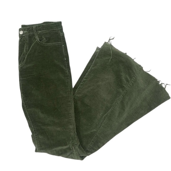 Saints & Hearts Womens Ultra Flare Corduroy Mid Rise Fringe Hem Jeans Army Green - Picture 6 of 8